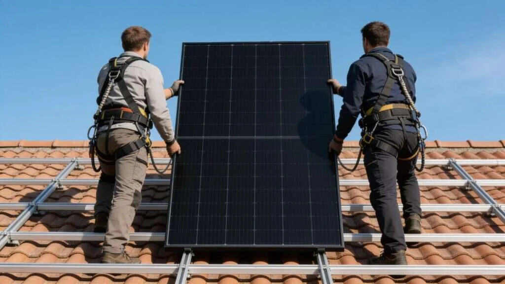 Pose des panneaux solaires sur les rails en toiture