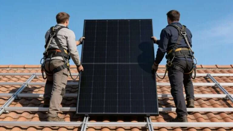 Pose de matériel photovoltaïque : panneaux solaires fixés sur les rails en toiture