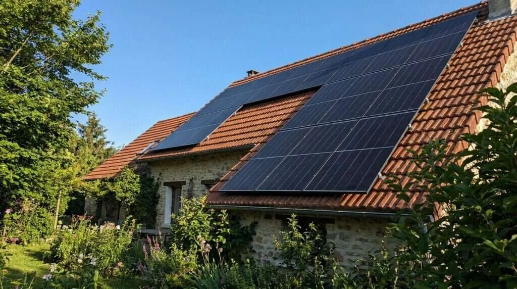 Panneaux monocristallins 475 Wp N-type cadre noir sur une toiture en tuiles