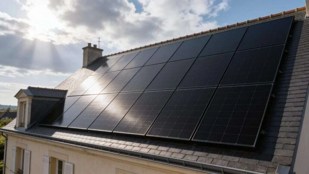 Panneaux solaires produisant sous un ciel partiellement nuageux