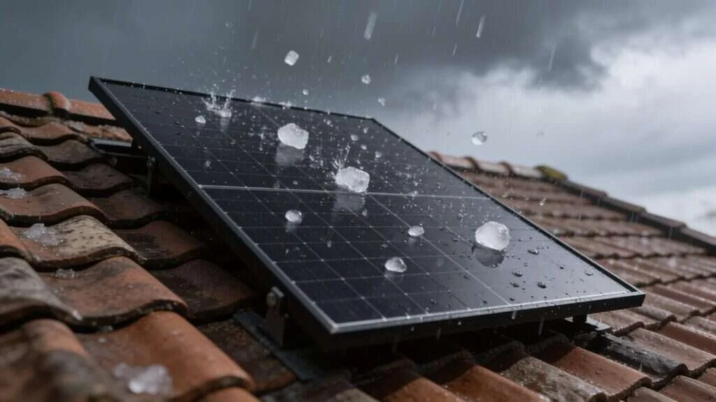 Panneaux solaires sous une averse de grêle