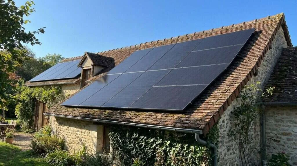 Panneaux monocristallins 455 Wp full black sur une toiture en tuiles d'une maison briarde à Fontainebleau en Seine-et-Marne