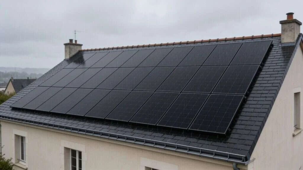 Panneaux solaires sous un ciel couvert, par temps nuageux