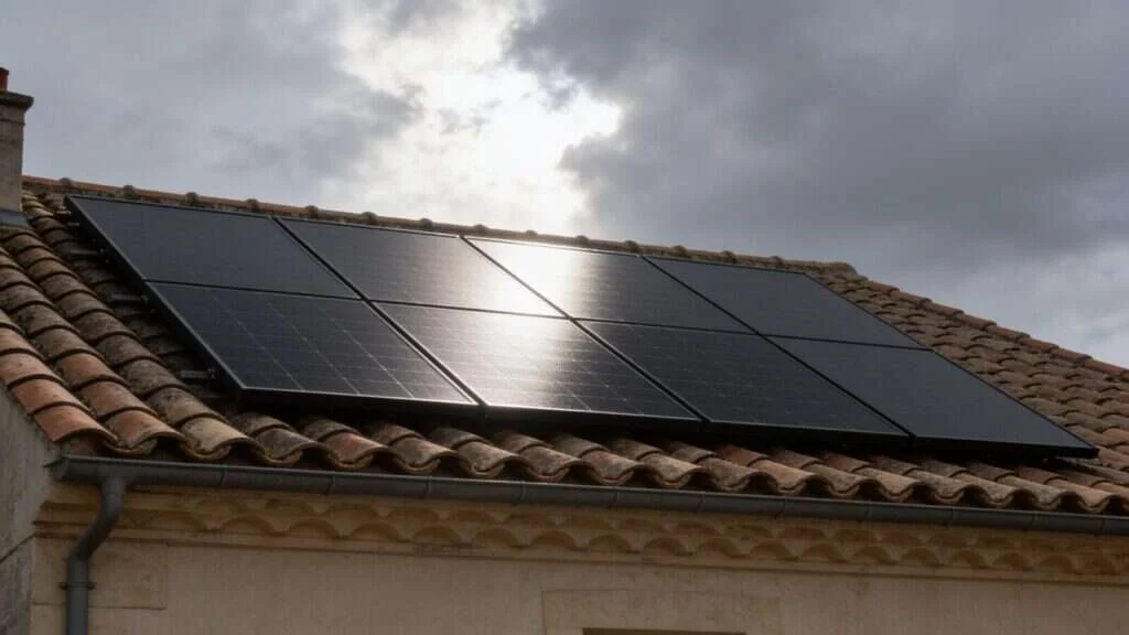 Éclaircie sur une toiture équipée de panneaux solaires