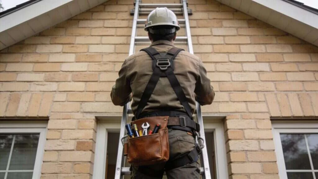 Installateur sur une échelle contre la façade d'une maison