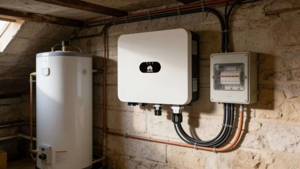Onduleur Huawei SUN2000 et chauffe-eau dans un cellier
