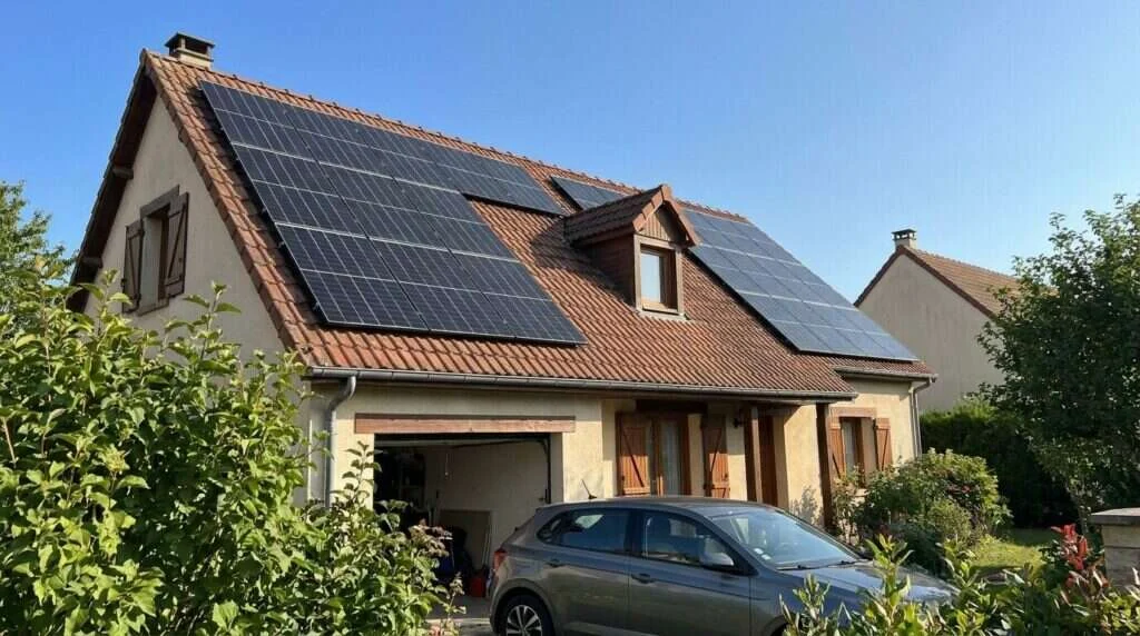 Panneaux monocristallins 475 Wp N-type cadre noir sur une toiture en tuiles
