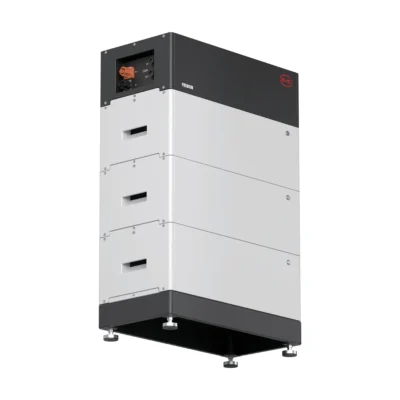 Batterie BYD Premium LVS 4.0 : modules blancs empilés dans une tour Battery-Box Premium LVS