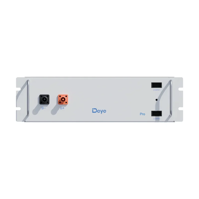 Module de batterie Deye BOS-G-Pack5.1 en façade rack 19 pouces, gris clair avec bornes noire et orange