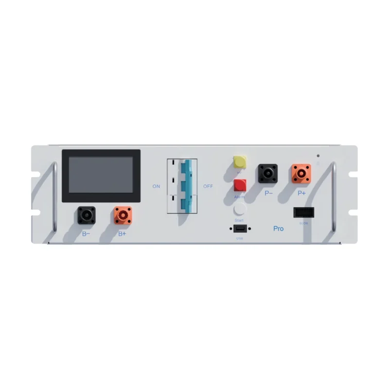 Contrôleur de batterie Deye BOS-G-PDU-2 en façade rack avec écran, sectionneur et bornes orange