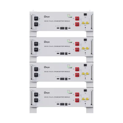 Batterie Deye SE-G5.1 Pro-B, modules gris 19 pouces empilés avec bornes rouges et noires