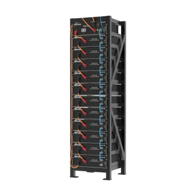 Batterie Dyness HV51100 : modules noirs empilés dans une baie PowerRack HV4 sous le BDU100