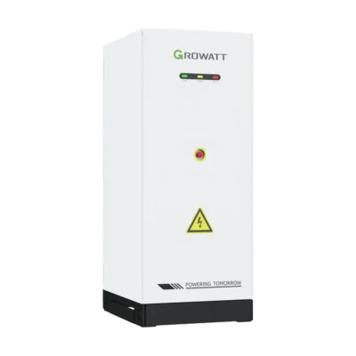 Batterie Growatt AXE 60.0H-1HT-S1, armoire extérieure blanche avec voyants et pictogramme de danger