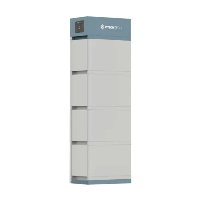 Batterie Pylontech Force H2, tour étroite de quatre modules gris clair sous l'unité de contrôle