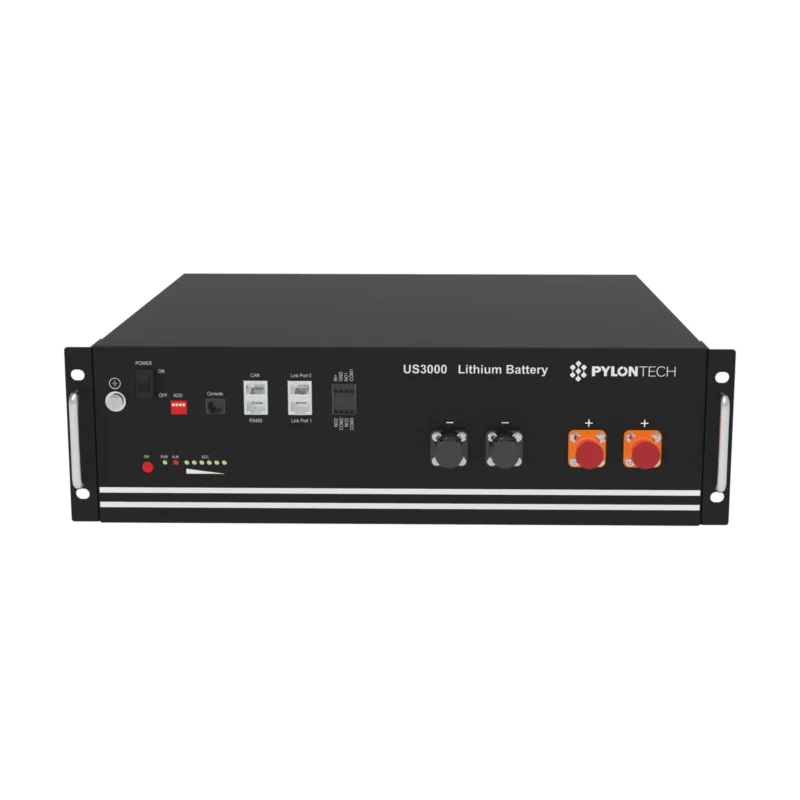 Batterie Pylontech US3000 vue de face, module rack noir avec interrupteur rouge et bornes