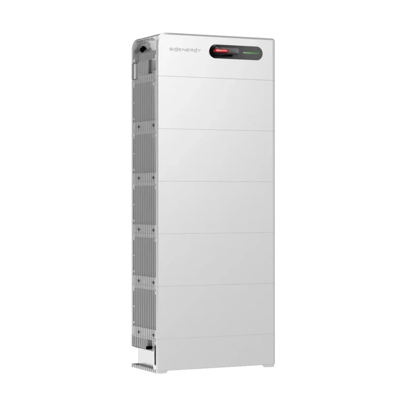 Batterie Sigenergy SigenStack BAT 12.0 : pile de modules blancs à poignées sous son contrôleur