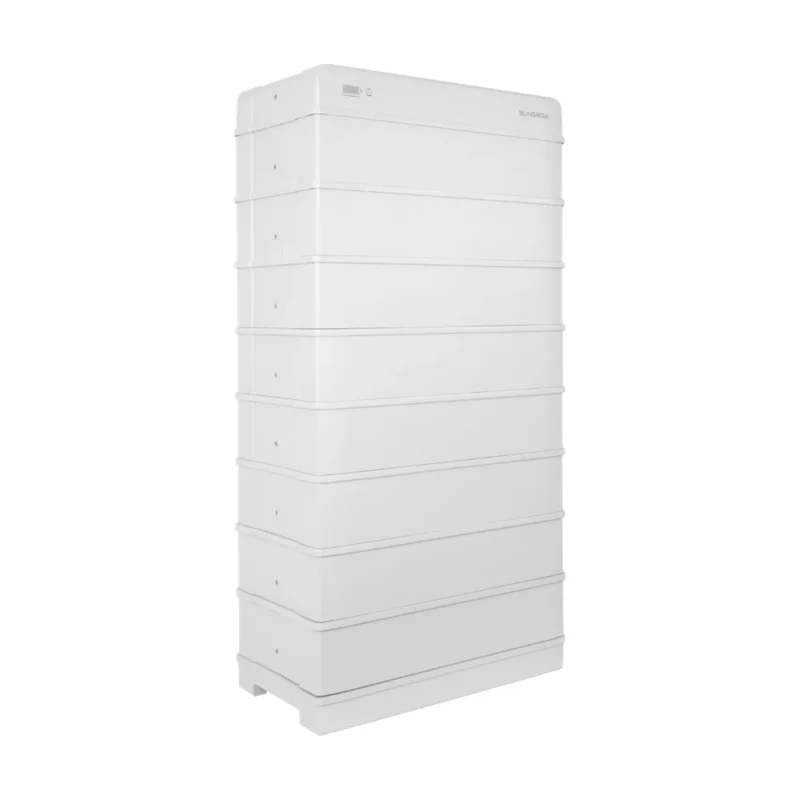 Batterie Sungrow SBR, haute tour blanche de huit modules empilés sur socle