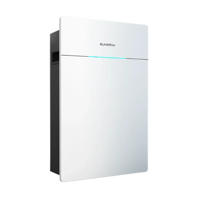 Batterie Sungrow SBS050, boîtier plat blanc à liseré lumineux bleu, vue de trois quarts
