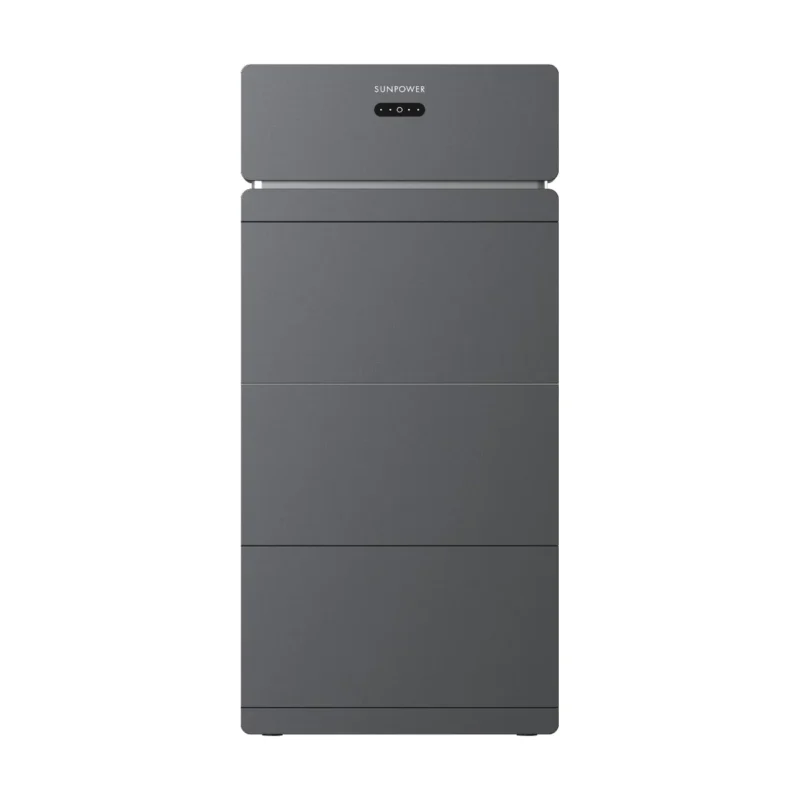 Batterie SunPower SP-RH-B5K-G1 : pile de blocs gris anthracite sous le boîtier haute tension à logo SunPower