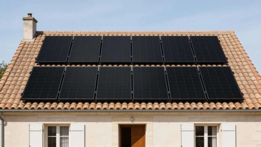 Maison avec une dizaine de panneaux solaires sur la toiture