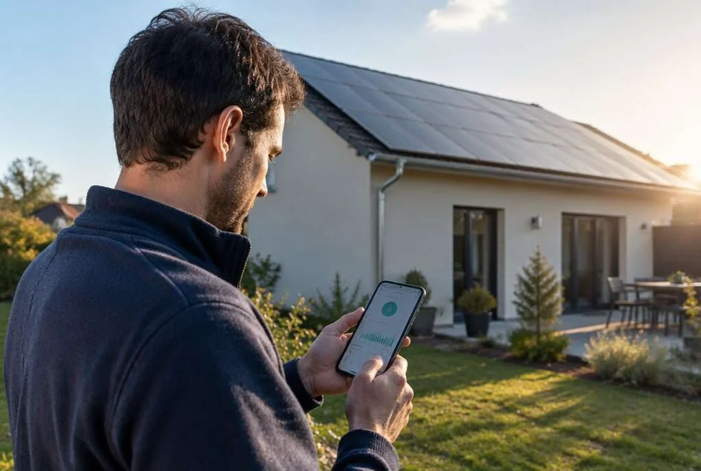 Propriétaire consultant la production solaire sur son smartphone devant sa maison au toit photovoltaïque