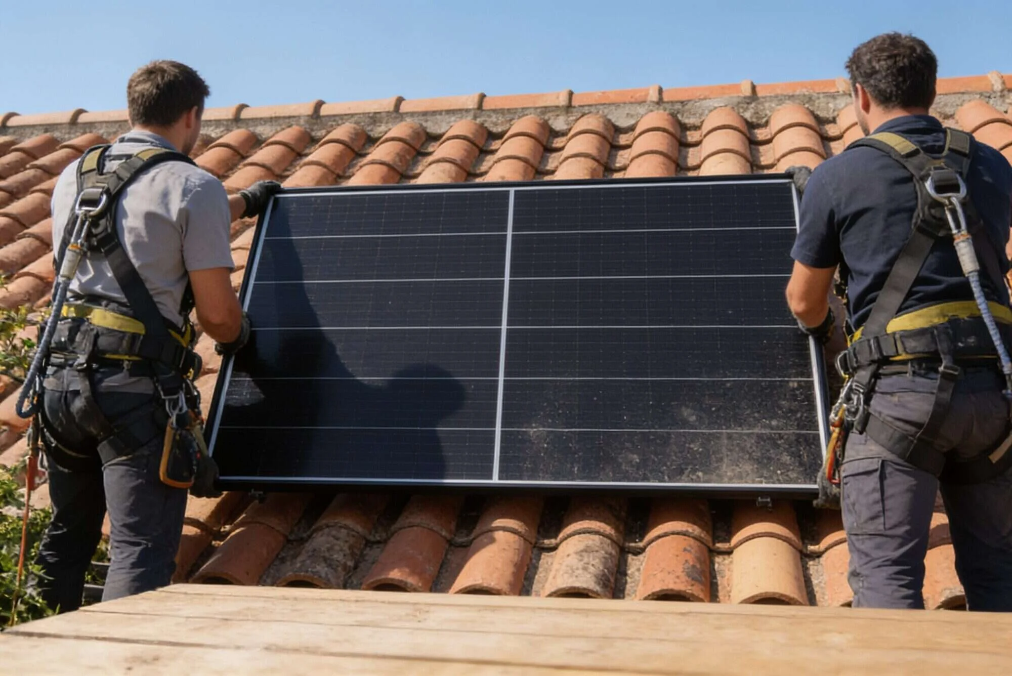 Deux techniciens harnaches posant un panneau solaire sur une toiture en tuiles