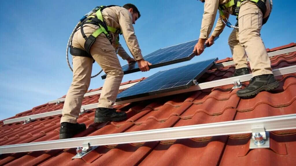 Installateurs posant des rails et un panneau solaire sur un toit en tuiles
