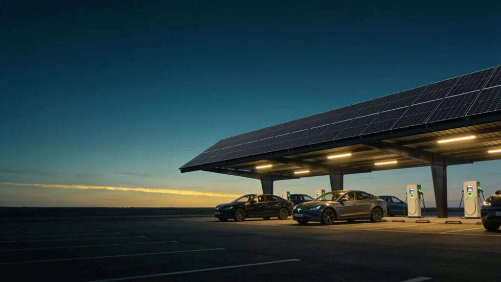 Ombrière photovoltaïque au crépuscule au-dessus d'un parking, voitures électriques branchées à des bornes de recharge