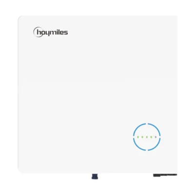 Onduleur batterie Hoymiles HAT-HV triphasé blanc vu de face, logo et anneau lumineux
