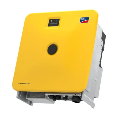 Onduleur batterie SMA Sunny Island X, grand boîtier jaune avec voyants d'état et flancs métalliques