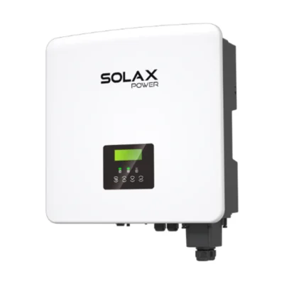 Onduleur batterie SolaX X3-FIT G4 triphasé, boîtier blanc carré avec écran et presse-étoupe