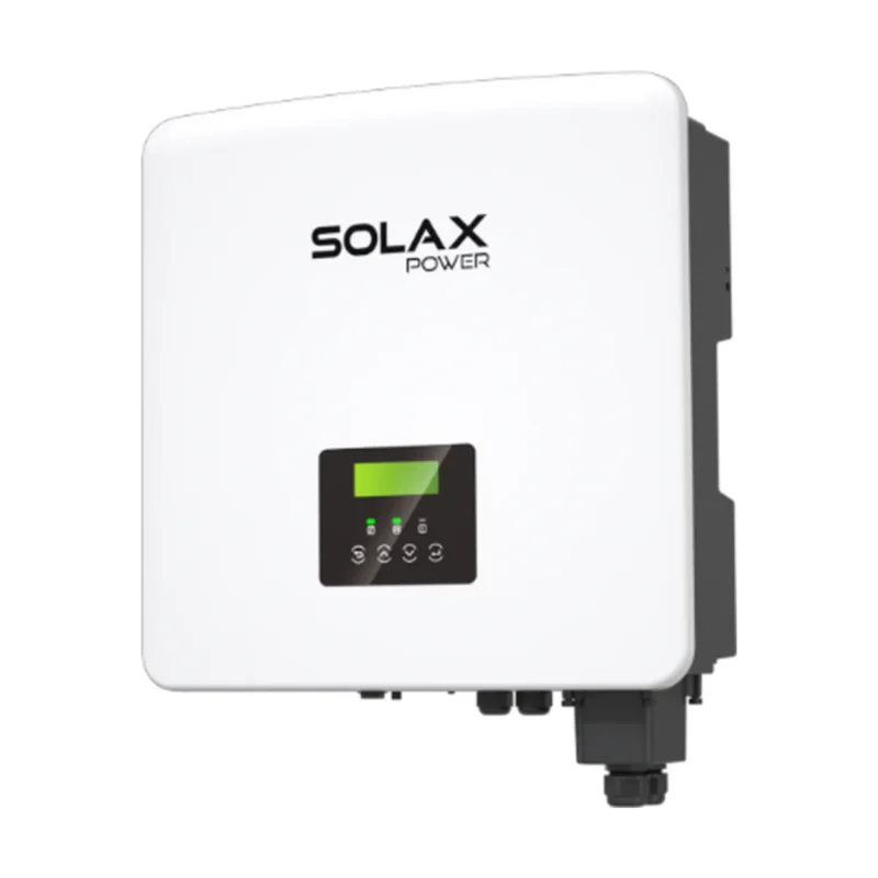 Onduleur batterie SolaX X3-FIT G4 triphasé, boîtier blanc carré avec écran et presse-étoupe