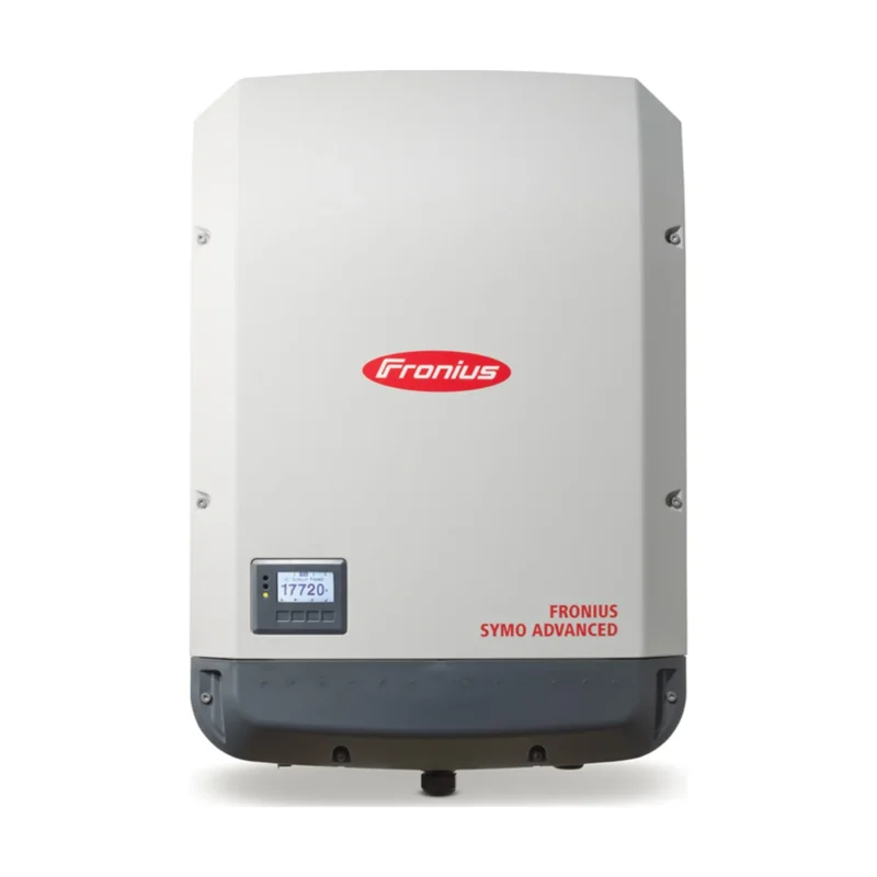 Onduleur Fronius Symo Advanced Lite triphasé, boîtier gris clair avec écran et logo Fronius rouge