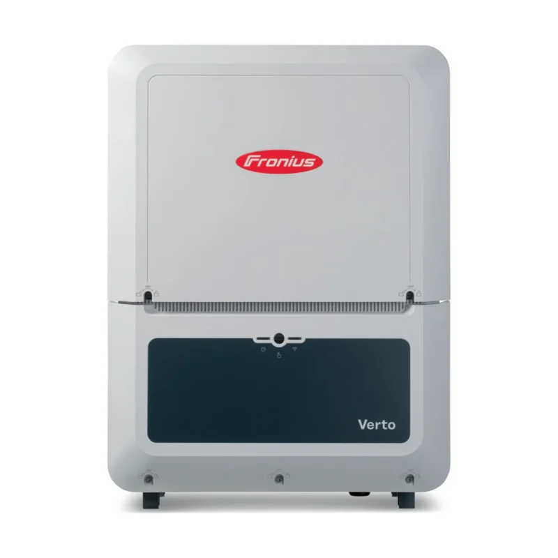 Onduleur Fronius Verto triphasé, boîtier blanc avec logo Fronius rouge et bandeau noir en façade