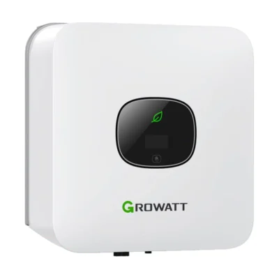 Onduleur Growatt MIC TL-X monophasé, petit boîtier blanc avec afficheur OLED rond et logo vert
