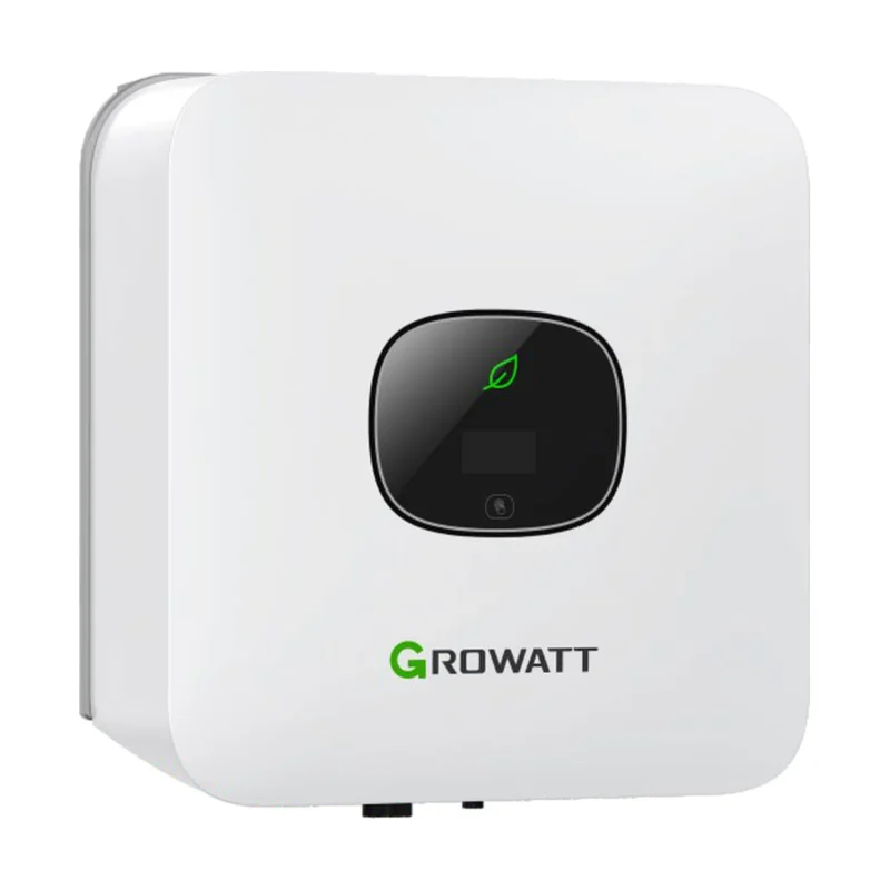 Onduleur Growatt MIC TL-X monophasé, petit boîtier blanc avec afficheur OLED rond et logo vert