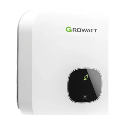 Onduleur Growatt MIN TL-X monophasé, boîtier blanc carré avec afficheur OLED noir et logo Growatt