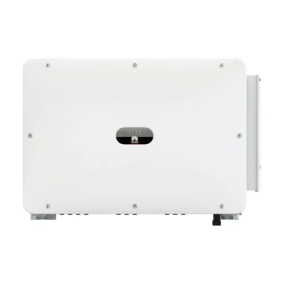 Onduleur Huawei SUN2000-100KTL-M2 triphasé, large boîtier blanc avec voyants LED et sectionneurs DC