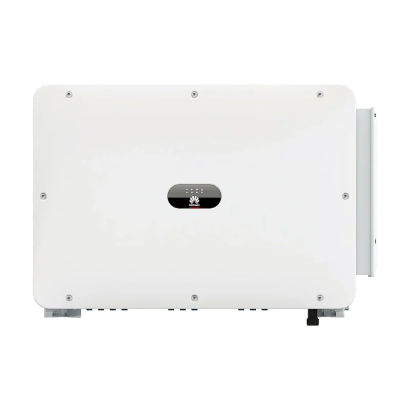 Onduleur Huawei SUN2000-100KTL-M2 triphasé, large boîtier blanc avec voyants LED et sectionneurs DC