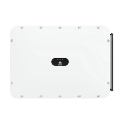 Onduleur Huawei SUN2000-150K-MG0 triphasé, grand boîtier blanc vu de face avec voyants LED