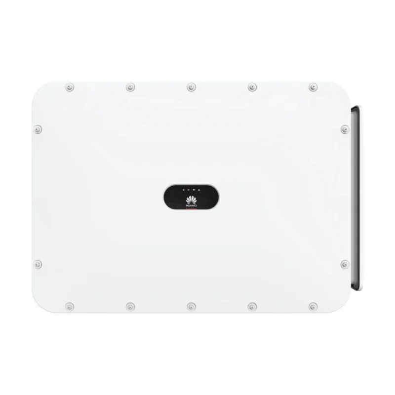 Onduleur Huawei SUN2000-150K-MG0 triphasé, grand boîtier blanc vu de face avec voyants LED