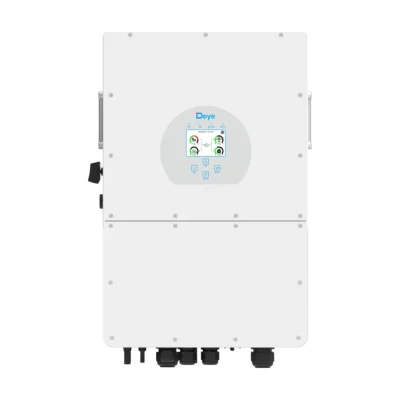Onduleur hybride Deye SG01HP3 triphasé, boîtier blanc avec écran rond et voyants