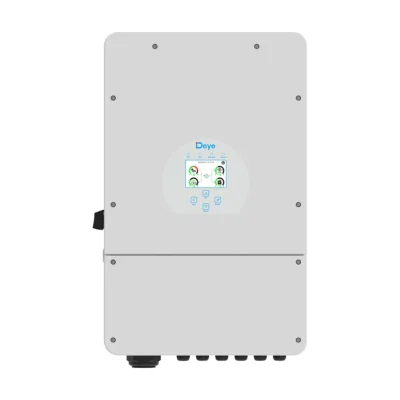 Onduleur hybride Deye SG02LP1 monophasé, boîtier blanc avec écran rond et connecteurs en bas