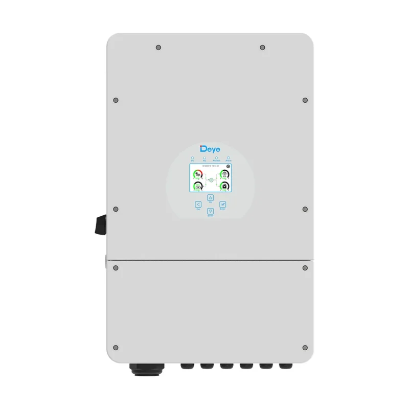 Onduleur hybride Deye SG02LP1 monophasé, boîtier blanc avec écran rond et connecteurs en bas