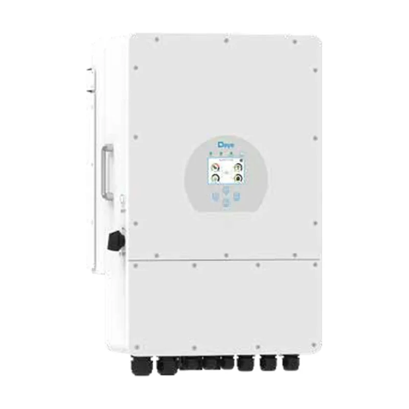 Onduleur hybride Deye SG04LP3 triphasé, boîtier blanc avec écran rond et connecteurs en bas