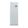 Onduleur hybride DMEGC H02 triphasé à écran, en haut d'une colonne blanche de modules de batterie