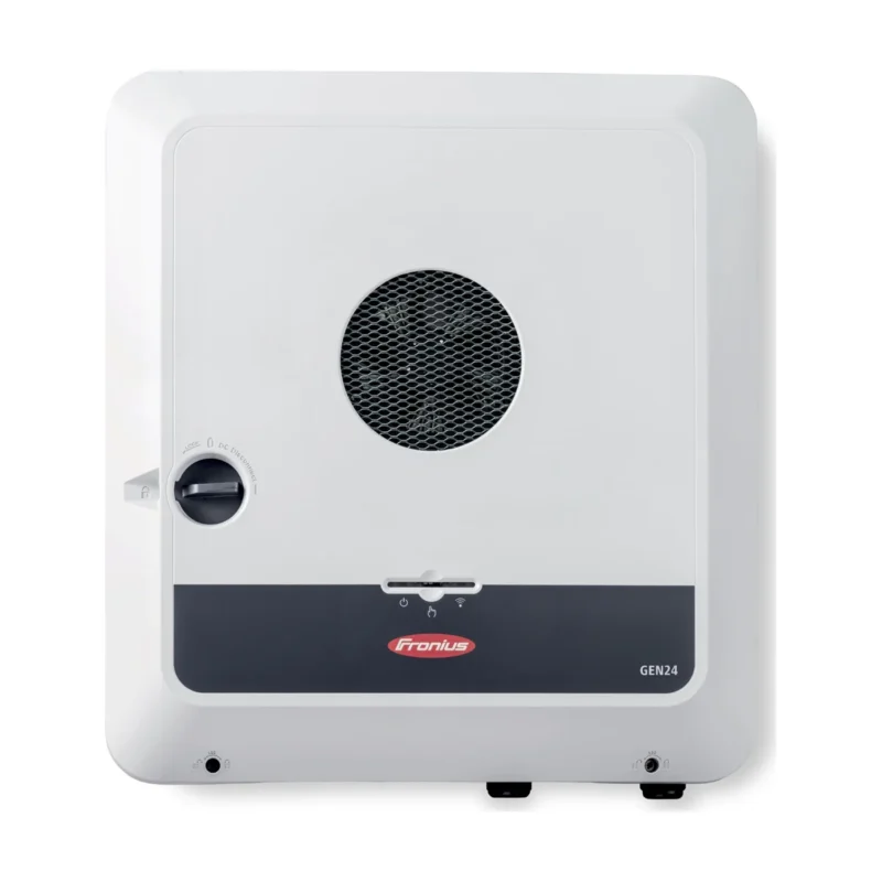 Onduleur hybride Fronius Symo GEN24 Plus SC, boîtier blanc avec ventilateur en façade et bandeau gris
