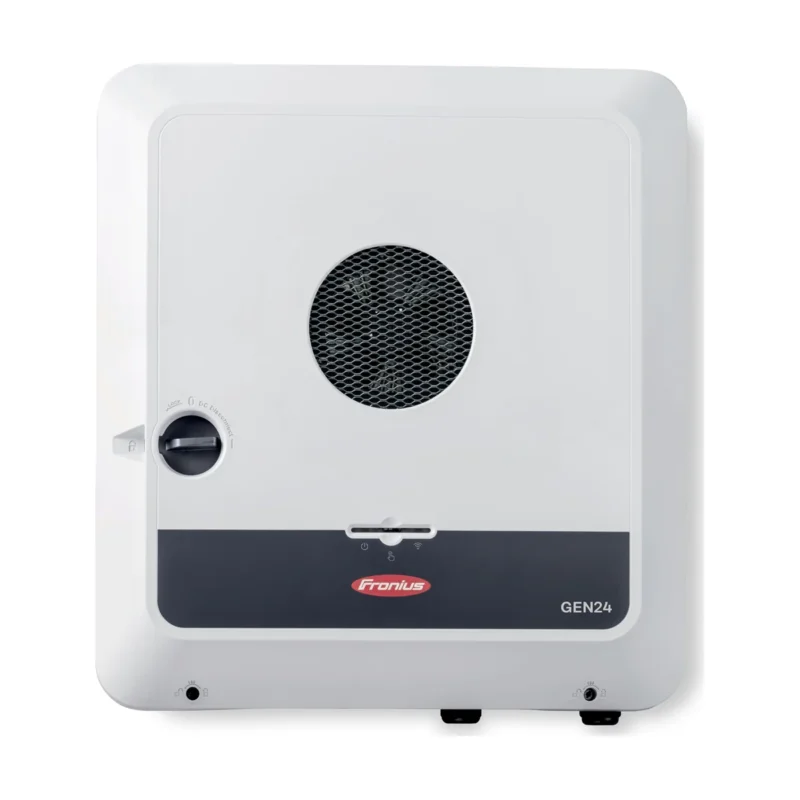 Onduleur hybride Fronius Symo GEN24 Plus, boîtier blanc arrondi, grille de ventilation ronde et logo Fronius