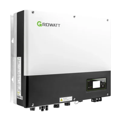 Onduleur hybride Growatt SPH BL-UP monophasé, façade blanche et bandeau noir avec écran