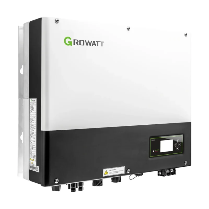 Onduleur hybride Growatt SPH BL-UP monophasé, façade blanche et bandeau noir avec écran